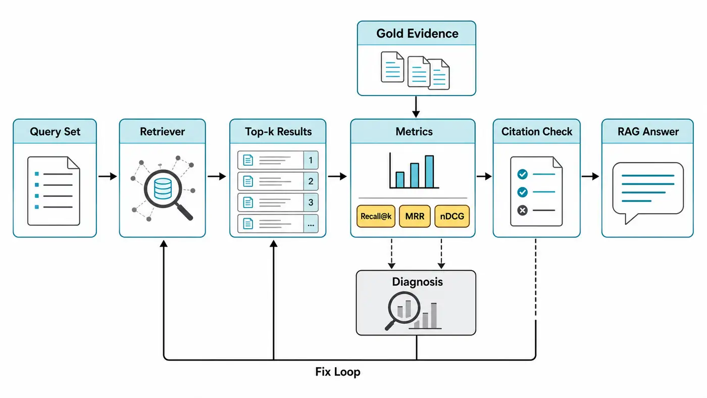 框架图:从 Query Set 到 Retriever、Top-k Results、Gold Evidence、Metrics、Citation Check 和 Fix Loop 的 RAG 评测闭环