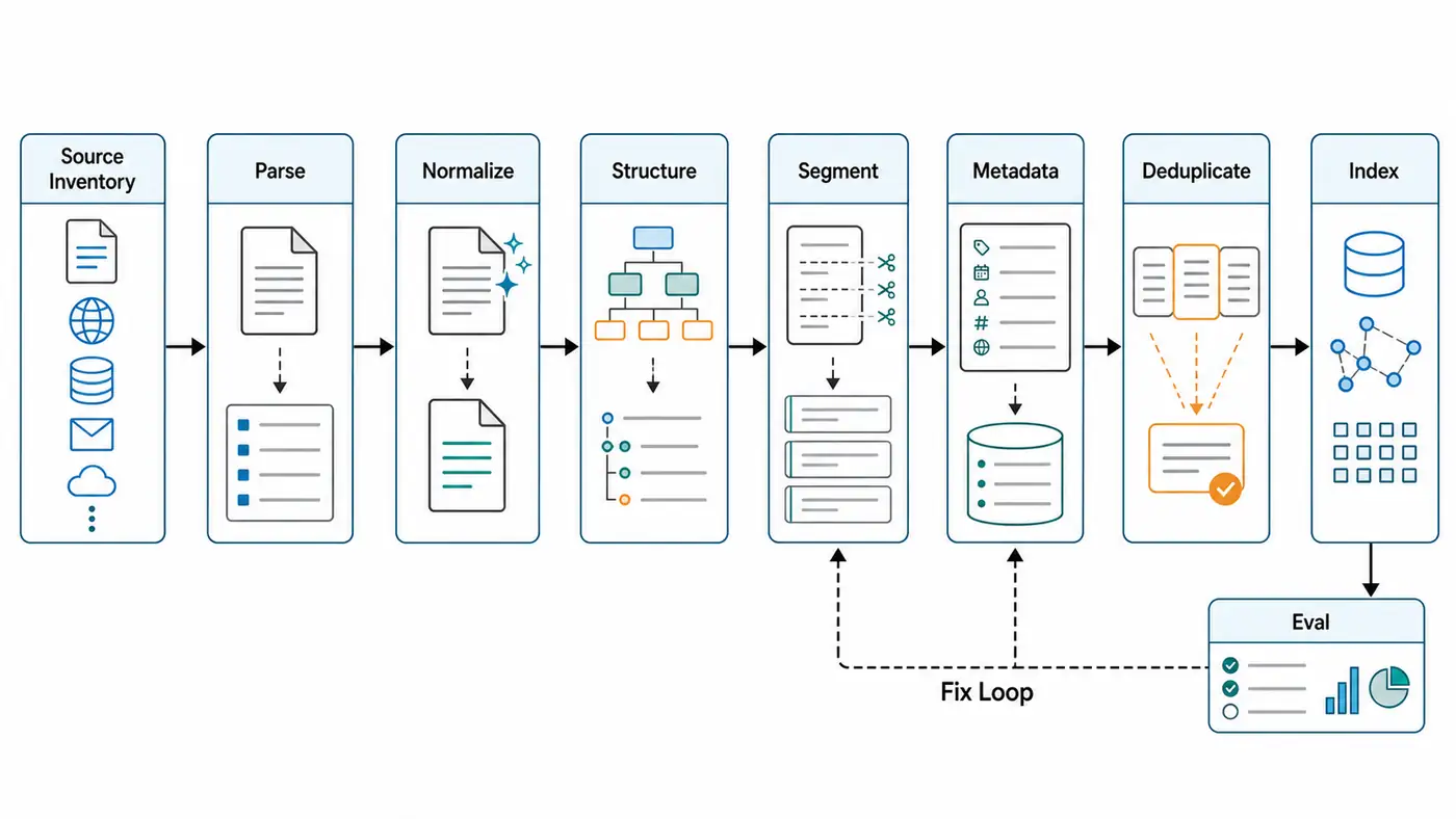 框架图:从 Source Inventory 到 Parse、Normalize、Segment、Metadata、Deduplicate、Index、Eval 和 Fix Loop 的摄取闭环