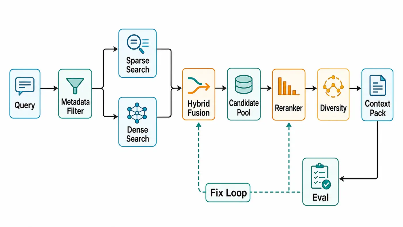 框架图:RAG 检索排序流水线从 Query、Metadata Filter、Sparse Search、Dense Search 到 Hybrid Fusion、Reranker、Context Pack 和 Eval Loop